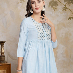 Stylum Women's Sky Blue Solid & Embroidered Cotton Blend Peplum Top (TOPSKYFAISA)