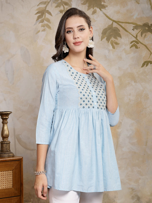 Stylum Women's Sky Blue Solid & Embroidered Cotton Blend Peplum Top (TOPSKYFAISA)