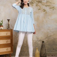 Stylum Women's Sky Blue Solid & Embroidered Cotton Blend Peplum Top (TOPSKYFAISA)