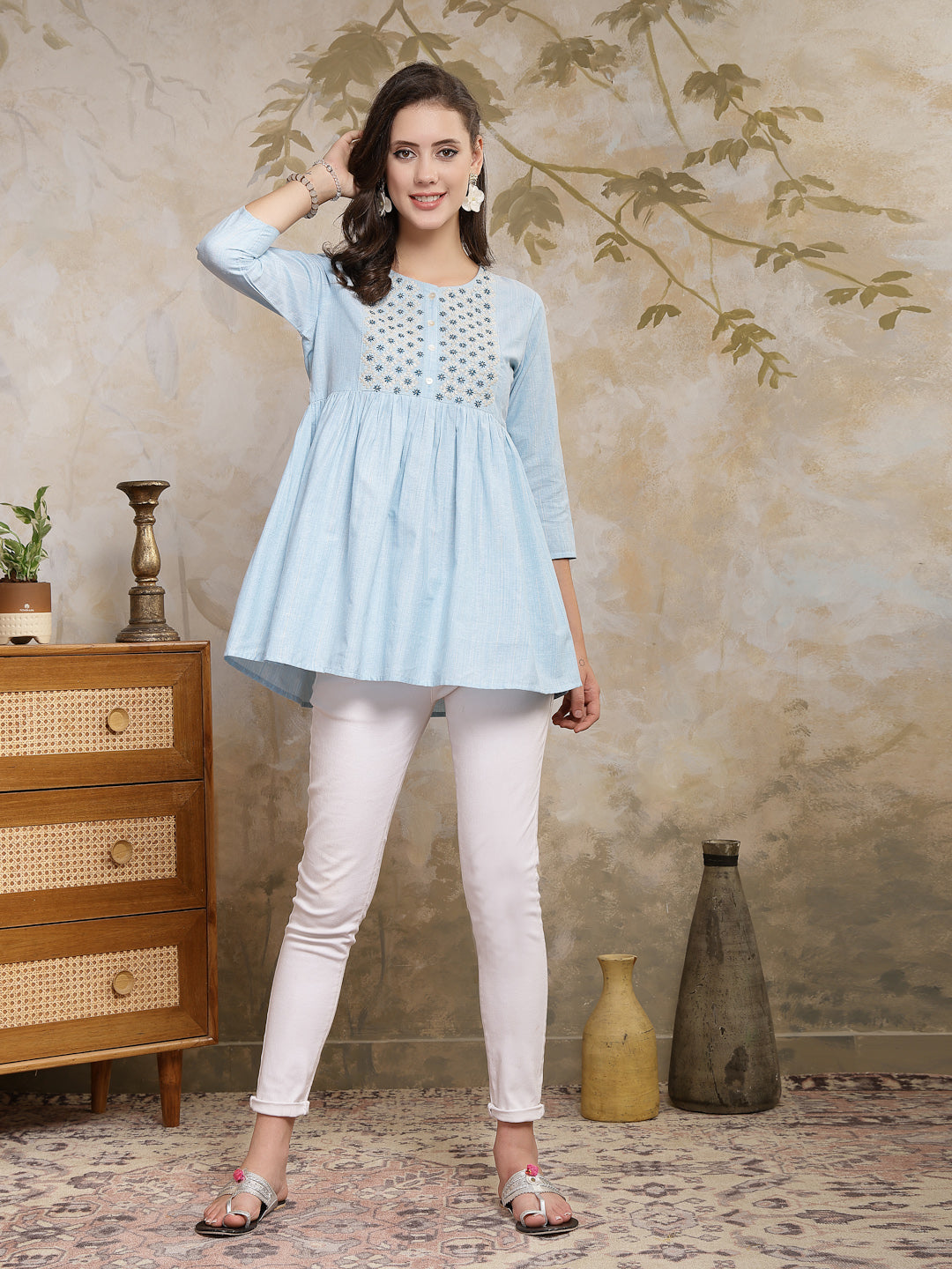 Stylum Women's Sky Blue Solid & Embroidered Cotton Blend Peplum Top (TOPSKYFAISA)