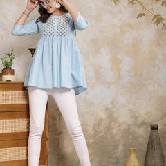 Stylum Women's Sky Blue Solid & Embroidered Cotton Blend Peplum Top (TOPSKYFAISA)