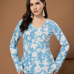 Stylum Women's Sky Blue Floral Printed Cotton Straight Top (TOPSKYSANTOOR)