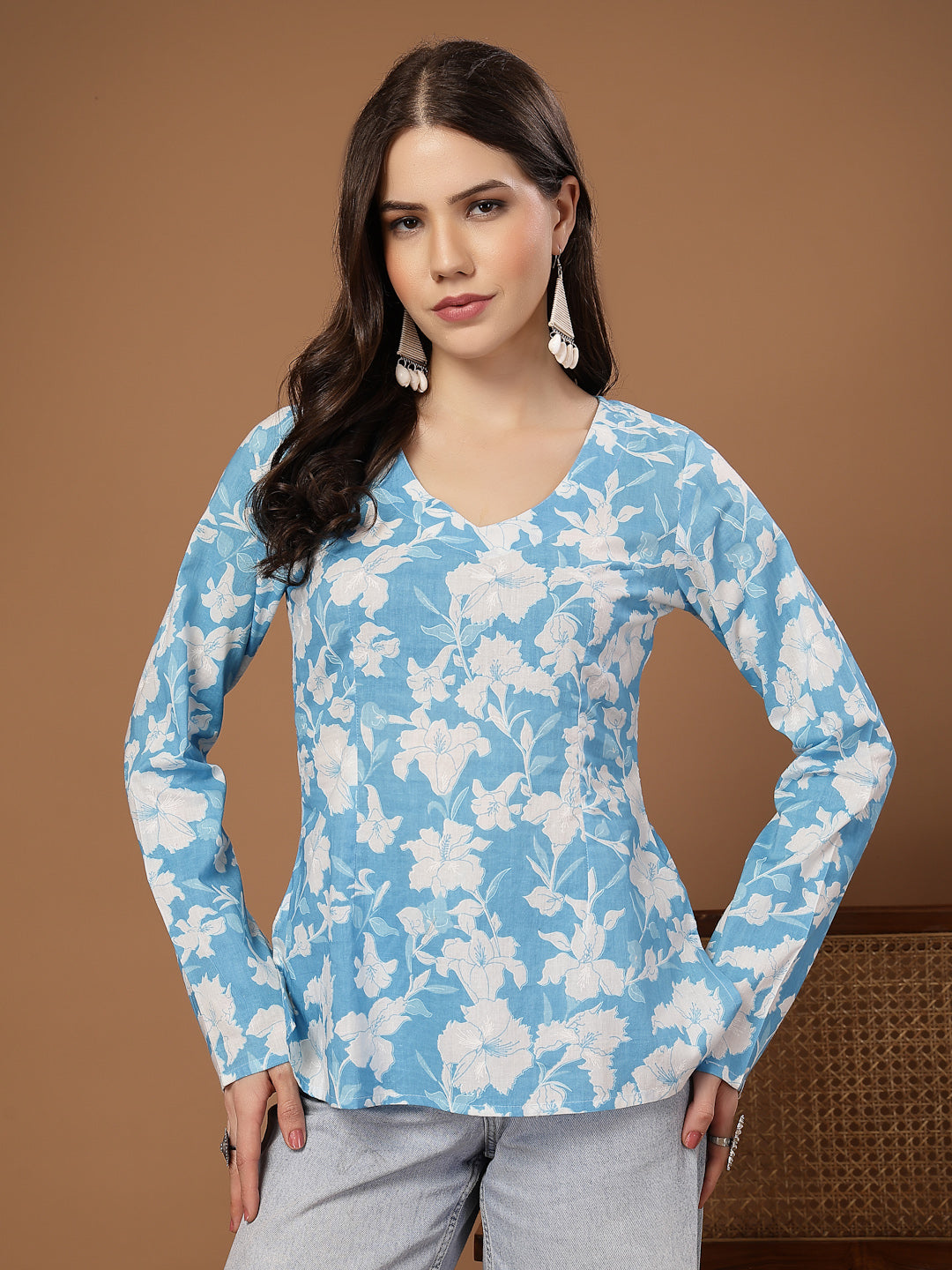 Stylum Women's Sky Blue Floral Printed Cotton Straight Top (TOPSKYSANTOOR)