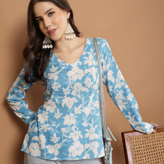 Stylum Women's Sky Blue Floral Printed Cotton Straight Top (TOPSKYSANTOOR)