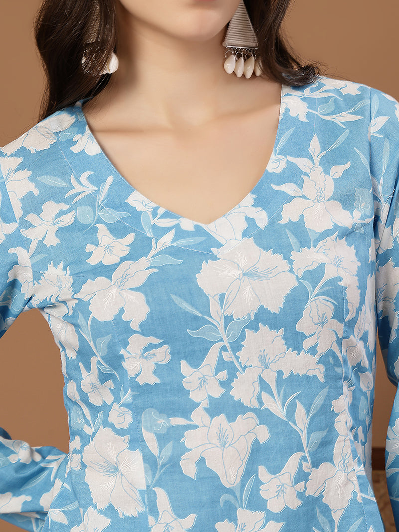 Stylum Women's Sky Blue Floral Printed Cotton Straight Top (TOPSKYSANTOOR)