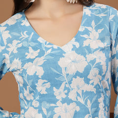Stylum Women's Sky Blue Floral Printed Cotton Straight Top (TOPSKYSANTOOR)