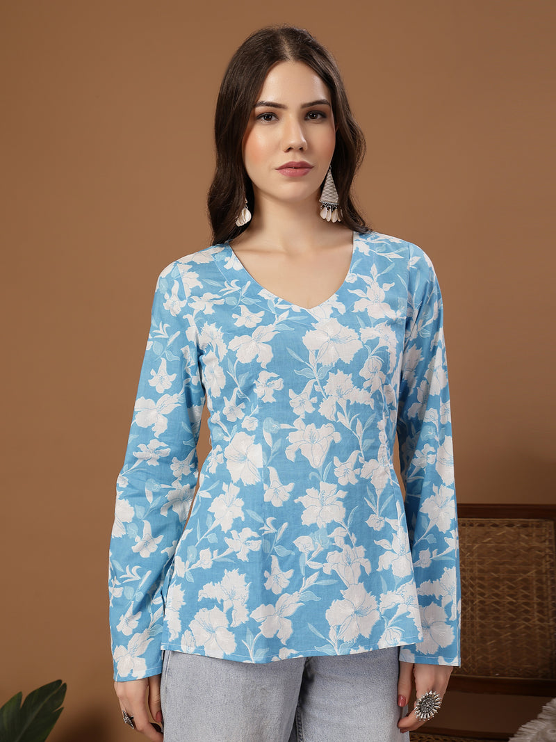 Stylum Women's Sky Blue Floral Printed Cotton Straight Top (TOPSKYSANTOOR)