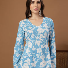 Stylum Women's Sky Blue Floral Printed Cotton Straight Top (TOPSKYSANTOOR)