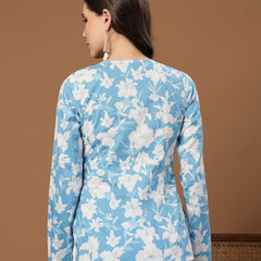 Stylum Women's Sky Blue Floral Printed Cotton Straight Top (TOPSKYSANTOOR)