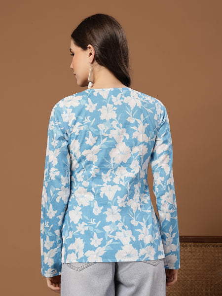 Stylum Women's Sky Blue Floral Printed Cotton Straight Top (TOPSKYSANTOOR)