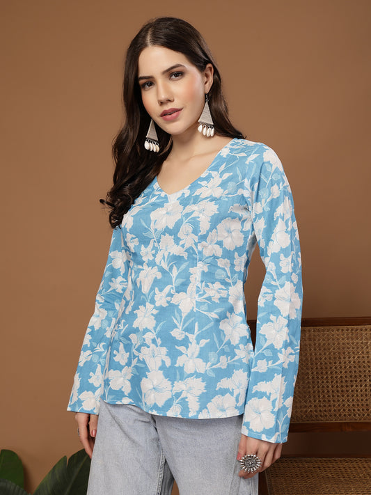 Stylum Women's Sky Blue Floral Printed Cotton Straight Top (TOPSKYSANTOOR)