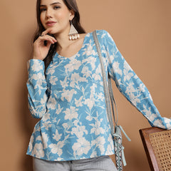 Stylum Women's Sky Blue Floral Printed Cotton Straight Top (TOPSKYSANTOOR)
