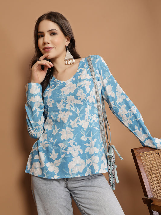 Stylum Women's Sky Blue Floral Printed Cotton Straight Top (TOPSKYSANTOOR)