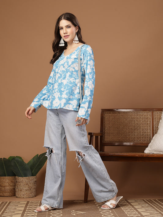 Stylum Women's Sky Blue Floral Printed Cotton Straight Top (TOPSKYSANTOOR)