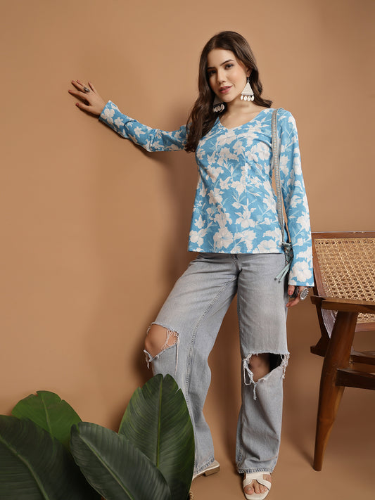 Stylum Women's Sky Blue Floral Printed Cotton Straight Top (TOPSKYSANTOOR)