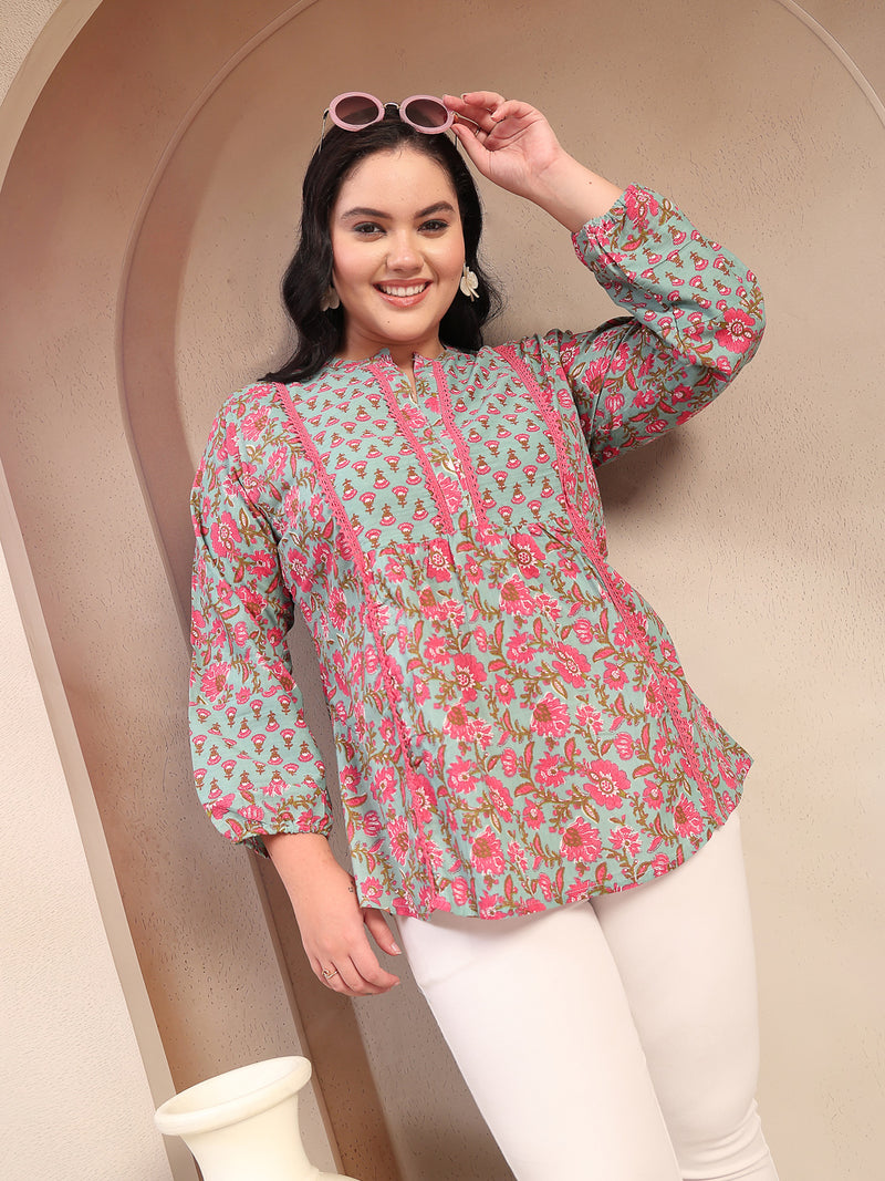 Stylum Plus Size Women's Sky Blue Printed Cotton Top (TOPSKYSIJUPLUS)
