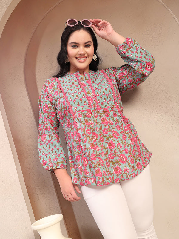 Stylum Plus Size Women's Sky Blue Printed Cotton Top (TOPSKYSIJUPLUS)