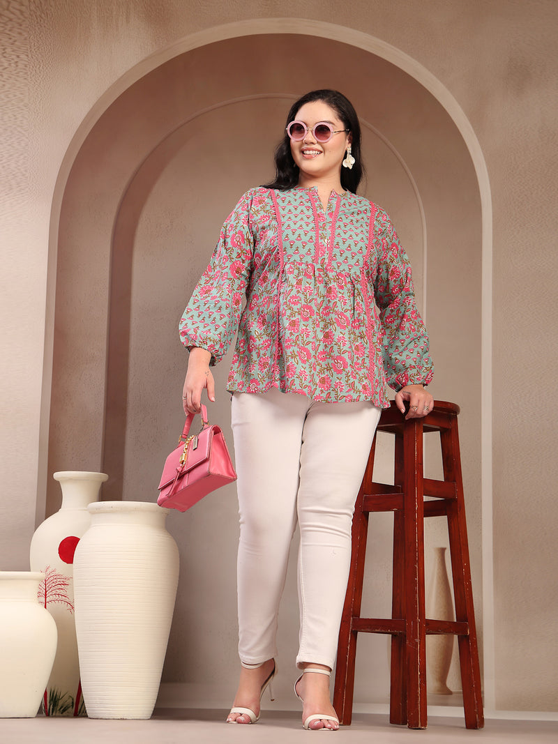 Stylum Plus Size Women's Sky Blue Printed Cotton Top (TOPSKYSIJUPLUS)