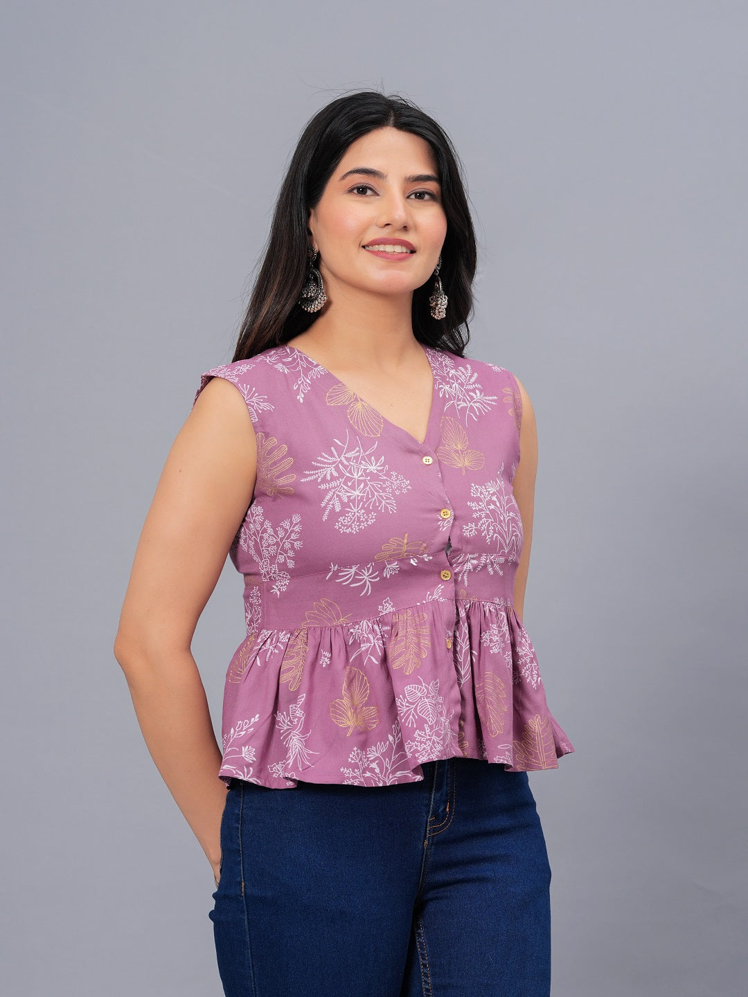 Stylum Women's Floral Printed Rayon Peplum Top (TOPSTELLAMAUVE)