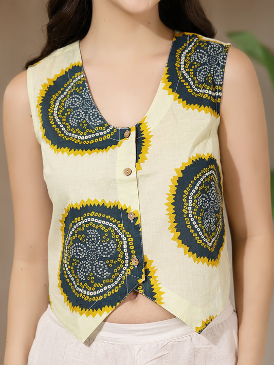 Stylum Women's Cream Bandhani Printed Cotton Vest Top (TOPTEALBUTTER)