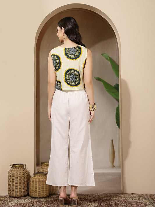 Stylum Women's Cream Bandhani Printed Cotton Vest Top (TOPTEALBUTTER)