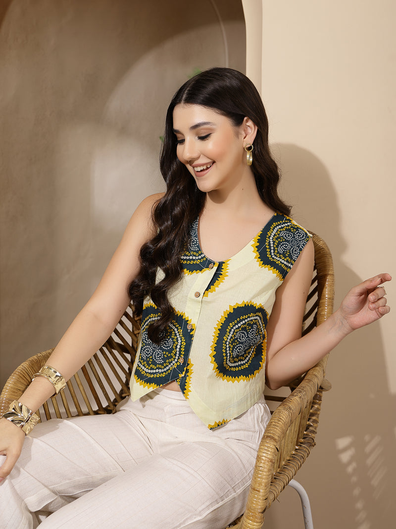 Stylum Women's Cream Bandhani Printed Cotton Vest Top (TOPTEALBUTTER)