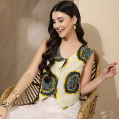 Stylum Women's Cream Bandhani Printed Cotton Vest Top (TOPTEALBUTTER)