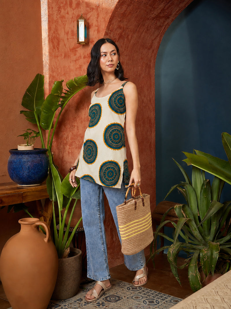 Stylum Women's Teal Bandhej Printed Cotton Straight Top (TOPTEALPETER)