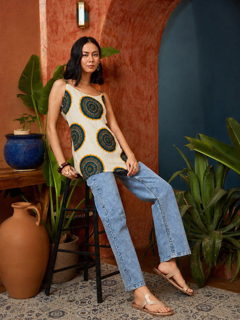 Stylum Women's Teal Bandhej Printed Cotton Straight Top (TOPTEALPETER)