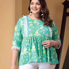 Plus Size Women's Floral Printed Cotton Peplum Top (TOPTIPTOPPLUS)