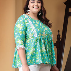 Plus Size Women's Floral Printed Cotton Peplum Top (TOPTIPTOPPLUS)