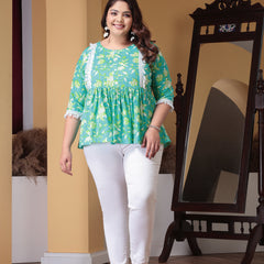 Plus Size Women's Floral Printed Cotton Peplum Top (TOPTIPTOPPLUS)