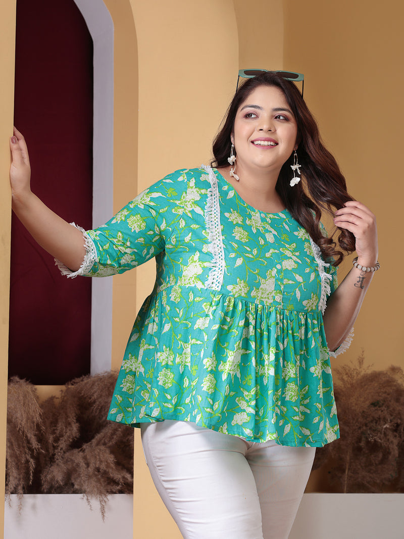 Plus Size Women's Floral Printed Cotton Peplum Top (TOPTIPTOPPLUS)