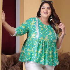 Plus Size Women's Floral Printed Cotton Peplum Top (TOPTIPTOPPLUS)