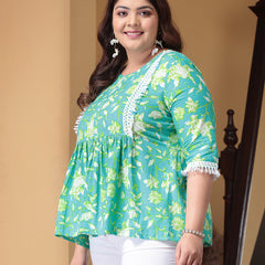 Plus Size Women's Floral Printed Cotton Peplum Top (TOPTIPTOPPLUS)