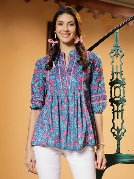 Stylum Women's Aqua Floral Printed Cotton Top (TOPAQUATIMOR)