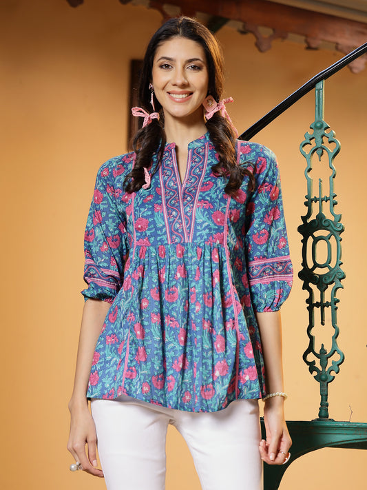 Stylum Women's Aqua Floral Printed Cotton Top (TOPAQUATIMOR)