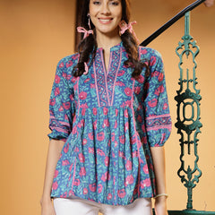 Stylum Women's Turquoise Floral Printed Cotton Top (TOPTURQTIMOR)