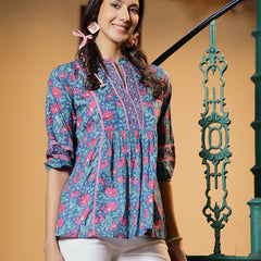 Stylum Women's Turquoise Floral Printed Cotton Top (TOPTURQTIMOR)