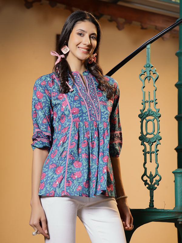 Stylum Women's Turquoise Floral Printed Cotton Top (TOPTURQTIMOR)