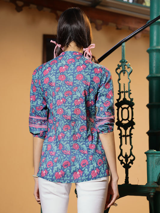 Stylum Women's Aqua Floral Printed Cotton Top (TOPAQUATIMOR)