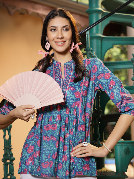 Stylum Women's Aqua Floral Printed Cotton Top (TOPAQUATIMOR)