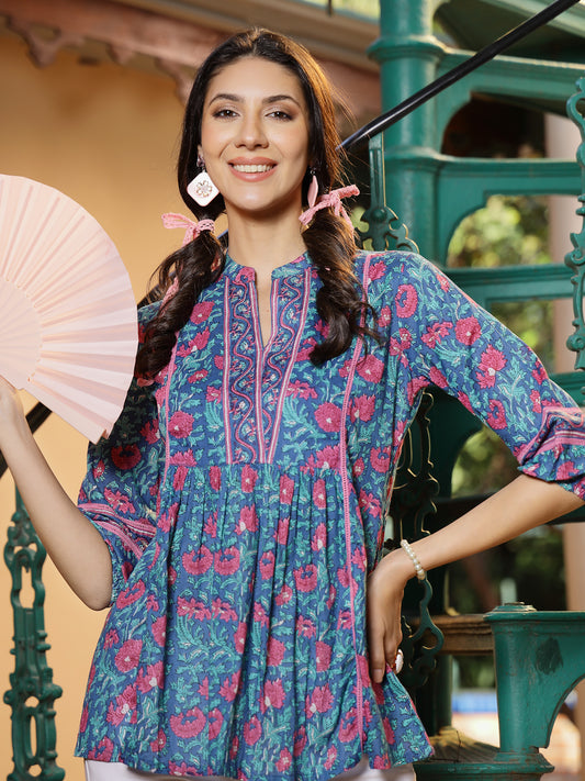 Stylum Women's Aqua Floral Printed Cotton Top (TOPAQUATIMOR)