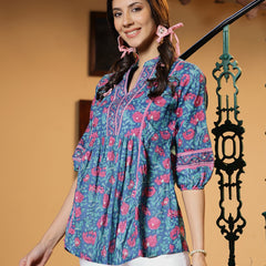 Stylum Women's Turquoise Floral Printed Cotton Top (TOPTURQTIMOR)