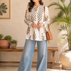 Stylum Women's White Floral Printed Cotton A-Line Top (TOPWHITEEGYPT)