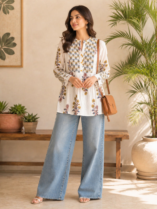 Stylum Women's White Floral Printed Cotton A-Line Top (TOPWHITEEGYPT)