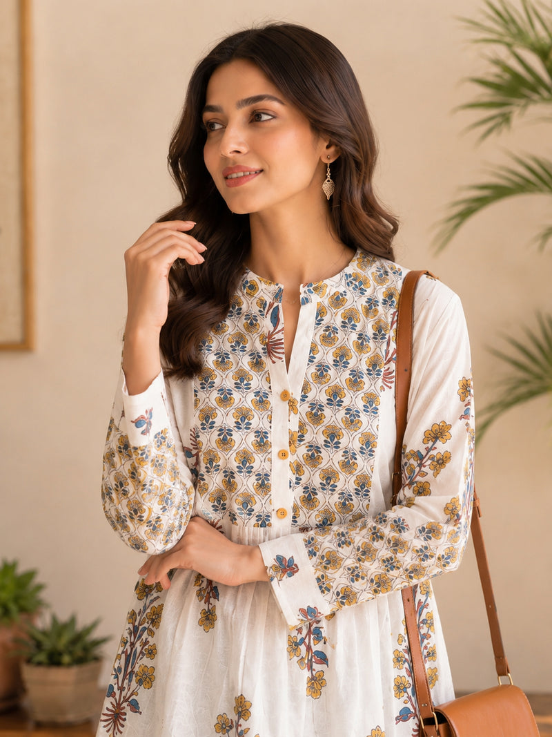 Stylum Women's White Floral Printed Cotton A-Line Top (TOPWHITEEGYPT)
