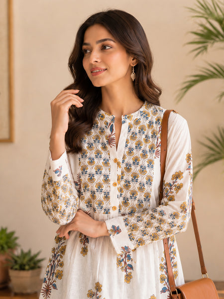Stylum Women's White Floral Printed Cotton A-Line Top (TOPWHITEEGYPT)