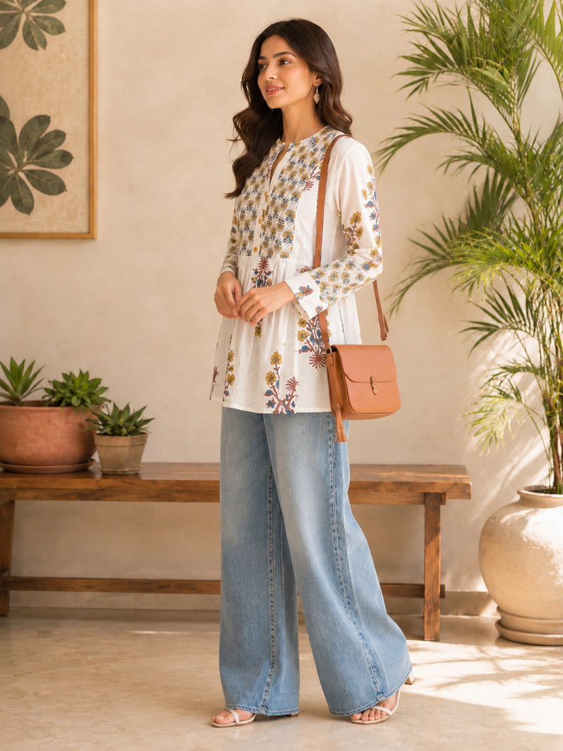 Stylum Women's White Floral Printed Cotton A-Line Top (TOPWHITEEGYPT)