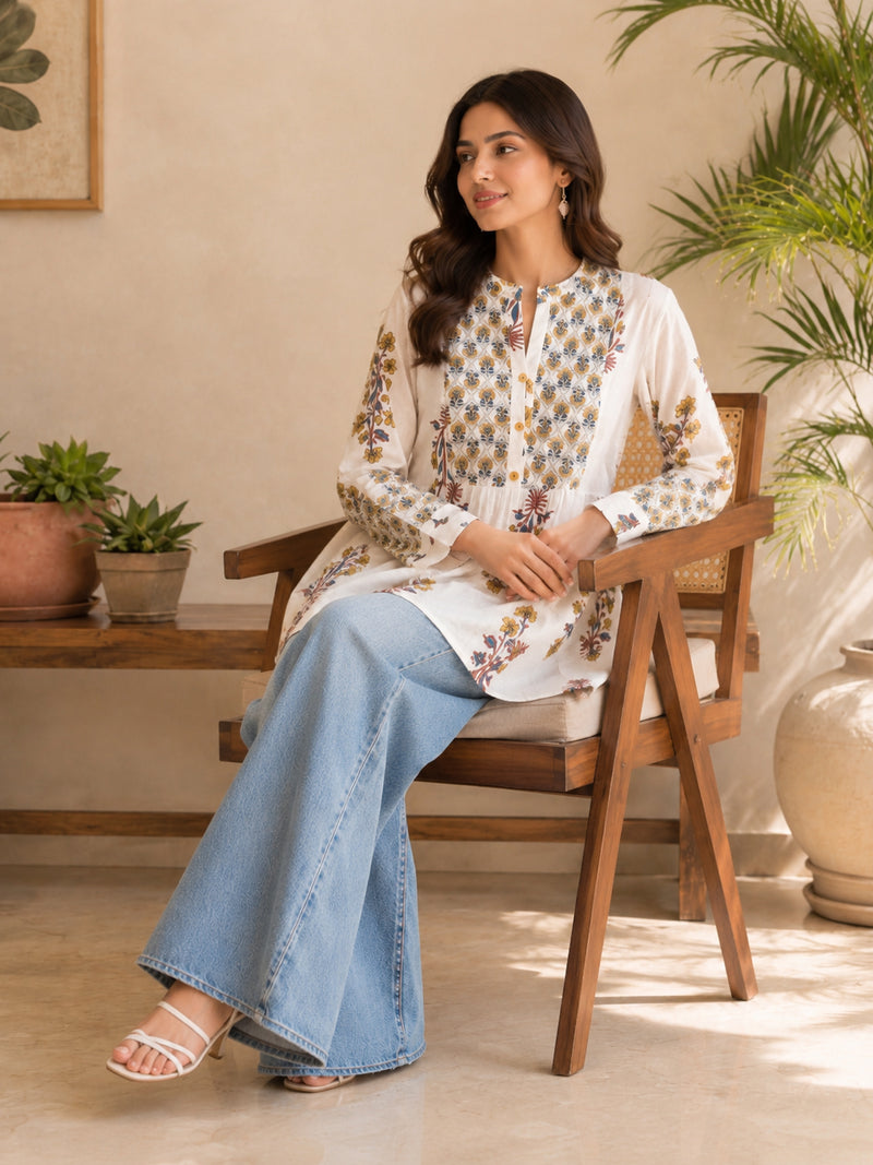 Stylum Women's White Floral Printed Cotton A-Line Top (TOPWHITEEGYPT)